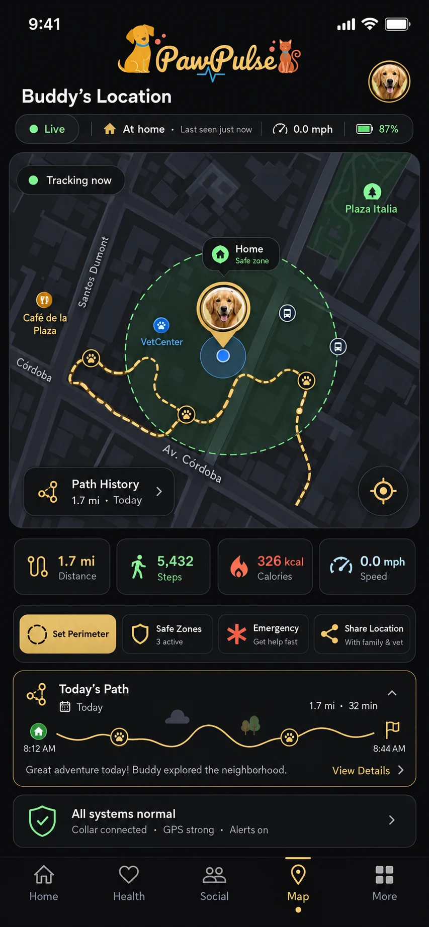 PawPulse app live map with a Home Safe Zone, today's path, distance, steps, calories and speed